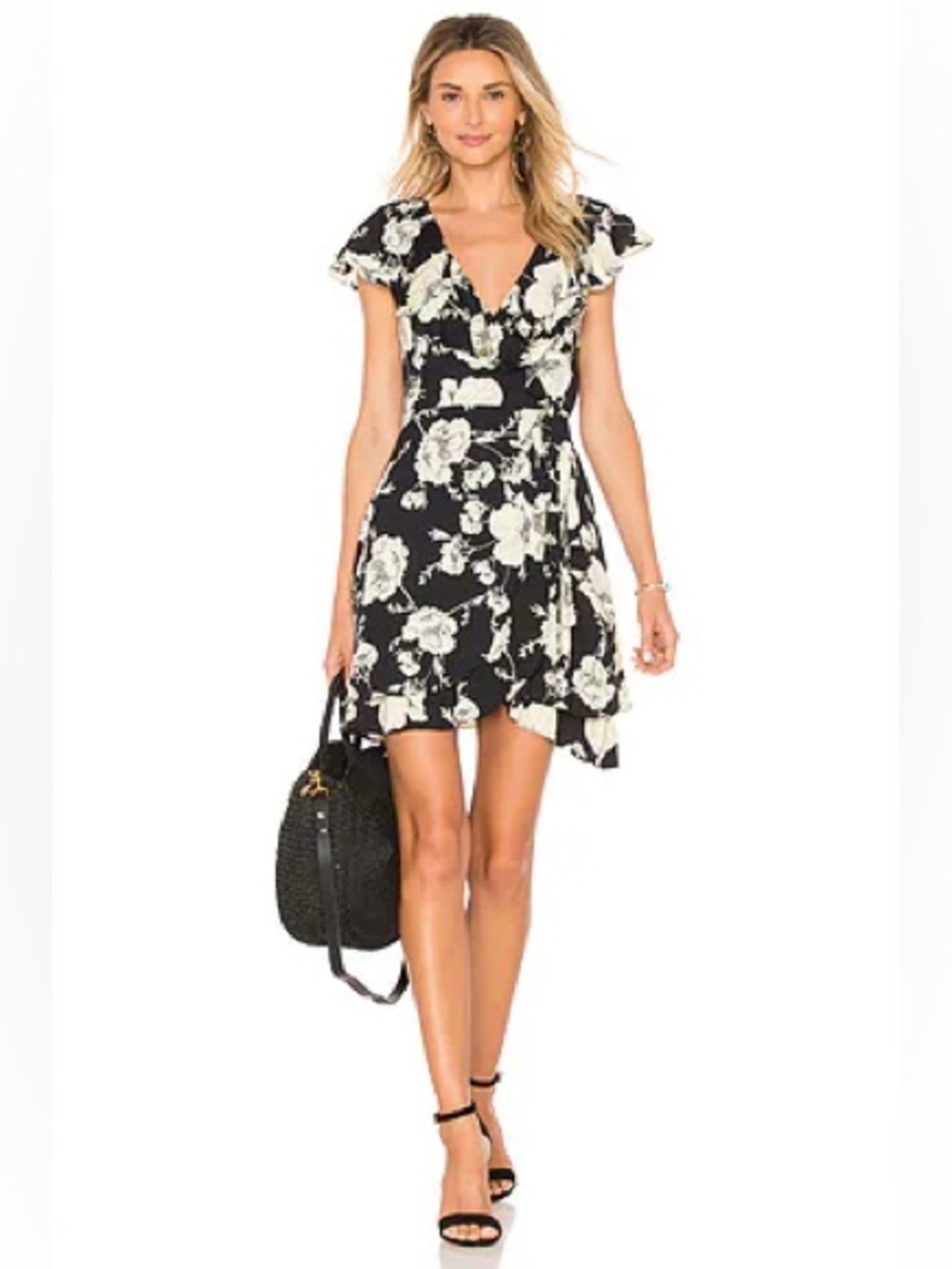 Free People XS Floral Wrap Mini Dress Black Ivory Ruffle Sleeve Boho V-Neck 100%